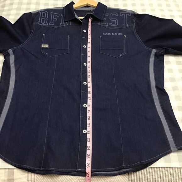 RUFEN Men’s XXL Embroidered Denim Button Down Shirt | Cotton Stretch Long Sleeve - Picture 13 of 16